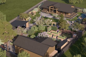resort country house, backyard design, garden layout, carport, patio render,dwg