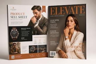 design product sell sheet, magazine cover and editorial layout