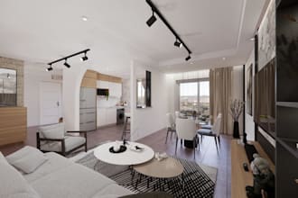 modern 3d open concept living room, kitchen combo layout, new furniture staging