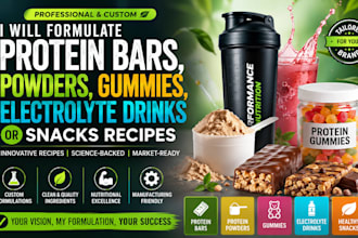formulate protein bars, powders, gummies, electrolyte drinks or snacks recipes