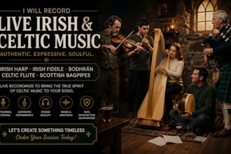 record live irish harp, irish fiddle, bodhran, celtic flute, scottish bagpipes