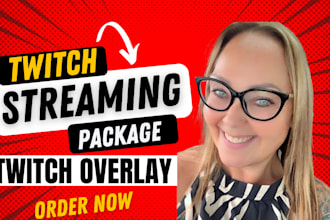 design custom animated twitch overlay stream package emotes, alert, obs graphics