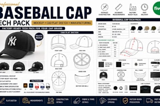 design baseball cap tech pack mockup technical flat sketch manufacturing