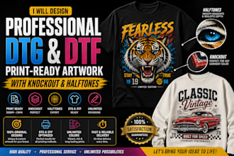 design professional dtg dtf print ready artwork with knockout and  halftones