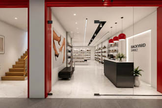 walkthrough 3d shoe store interior, front shop design, cgi render, retail store