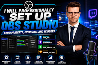 set up stream elements or streamlabs alerts, overlays, and obs setup