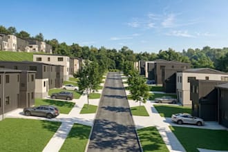 sketchup 3d model townhouse property,resort site plan,concrete driveway,vr image