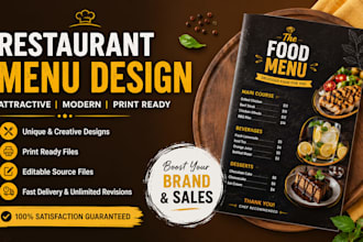 design a modern restaurant menu, food menu, cafe menu, flyer, brochure