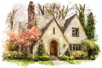 paint digital watercolor house, home building portrait