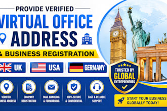 provide verified virtual office address business registration in UK USA germany
