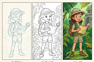 sketch, outline and color cartoon illustrations