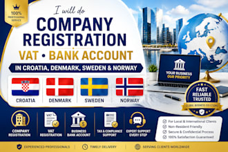 do company registration, vat, bank account in croatia, denmark, sweden, norway