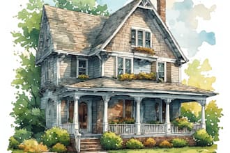 draw a watercolor landscape and house illustration