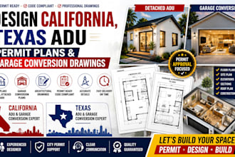 design california, texas adu permit plans and garage conversion drawings