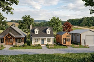 render barndominium, cottage, tiny house, facade  and pole barn design