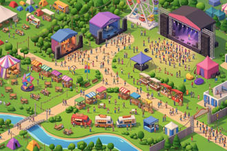 create 3d isometric campground, festival, directory and visitor map
