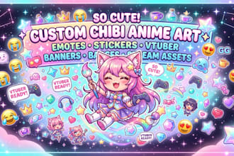 draw cute chibi anime emotes stickers vtuber models banners badges, avatar