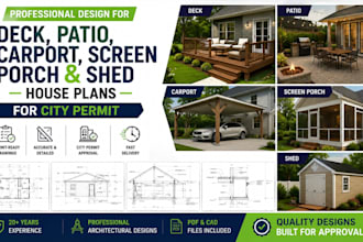 design deck, patio, shed, and  carpot for permit