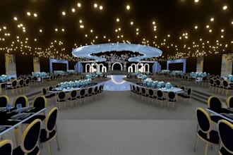 create realistic 3d event center, exhibition stand, and stage design