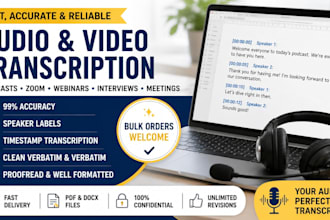 transcribe and clean up bulk podcast, zoom, webinar, audio, video transcription