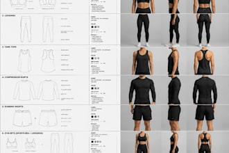 create activewear tech pack, gymwear clothing tech pack, with technical drawings