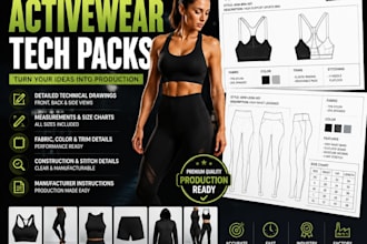 create activewear tech pack, gymwear clothing tech pack, with technical drawings