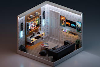 create premium 3d isometric room designs for websites and games