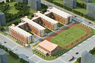 render modern school campus exterior, sport facility center, site plan layout