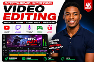 edit twitch streams youtube videos, podcasts clipper gaming videos reels editing