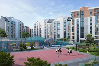 visualized exterior courtyard for multi building complex,landscape design,render