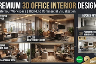 design 3d interior office workspace design, break room and conference room