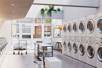 design a modern 3d laundromat, commercial laundry facility and shop