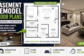 create basement remodel floor plans for renovation and living space