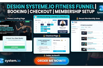 design systeme io fitness funnel, booking system, checkout and membership setup