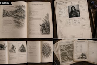 design rpg tabletop rulebook, handbook layout with maps, tables character sheets