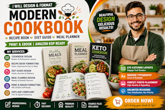 design, format modern cookbook, recipe book, diet guide meal planner print ebook