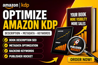 optimize amazon KDP book description, metadata,  keywords using publisher rocket
