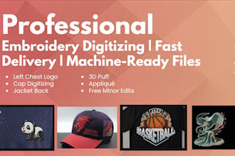 create embroidery digitizing files for logo, cap and jacket back