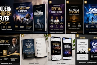 design a modern church flyer, worship event poster and church program booklet