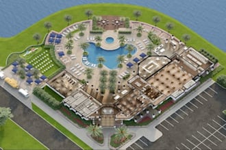 reform resort master plan 3d rendering, clubhouse amenity,golf,exterior,interior