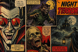 draw retro comic characters, horror comic book, retro vintage comic book pop art