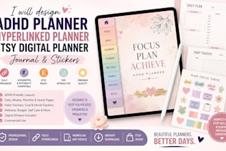 design adhd planner hyperlinked planner etsy digital planner journal stickers