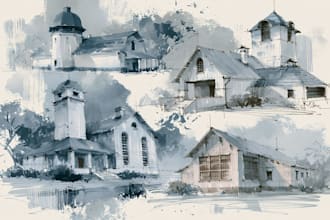 draw an architectural digital marker or watercolor sketches