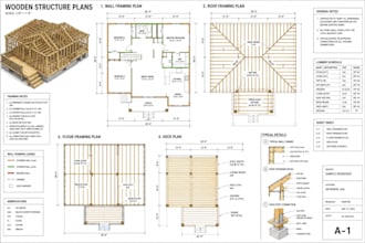 draft wooden structure, wall framing, roof framing, and deck plans