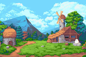 create pixels art background and scenes landscape  illustration for your game
