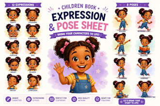 create children book character expression sheet and pose sheet