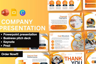 design busines pitch deck, company powerpoint presentation, prezi, annual report