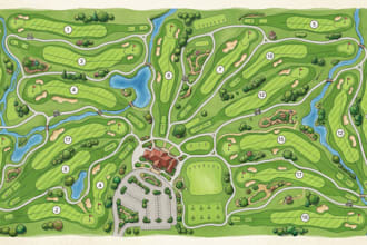 design golf course map, scorecard, yardage and 18 hole illustration