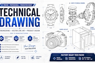 create 2d technical drawings mechanical drawing line art technical illustration