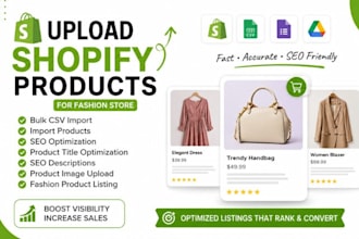upload shopify products, SEO optimization and bulk CSV import for fashion store